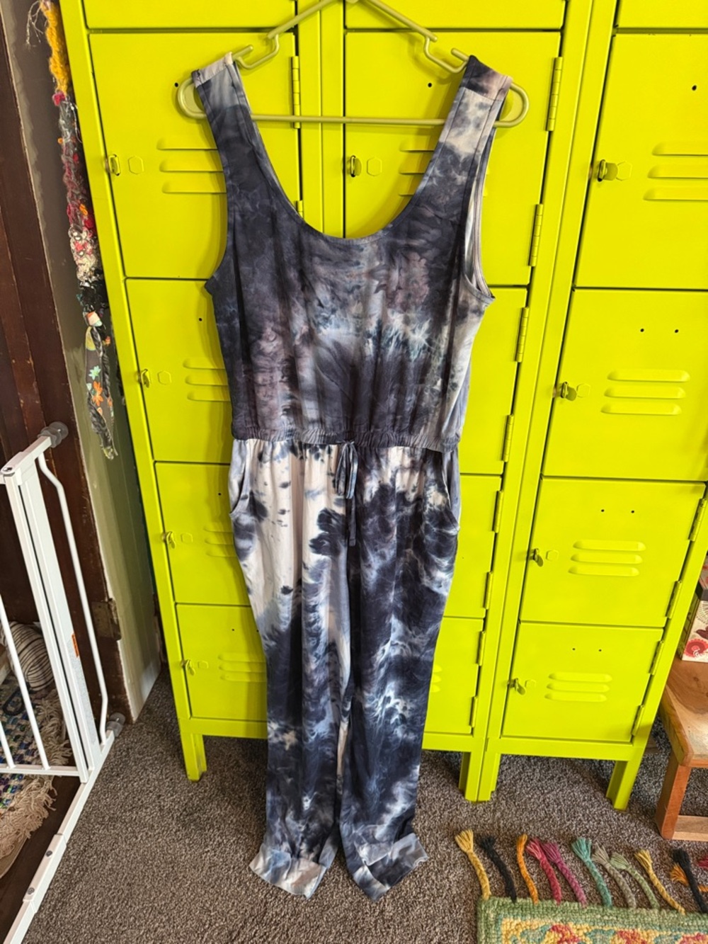Derek Heart Navy and White Tie-Dye Sleeveless Jumpsuit
